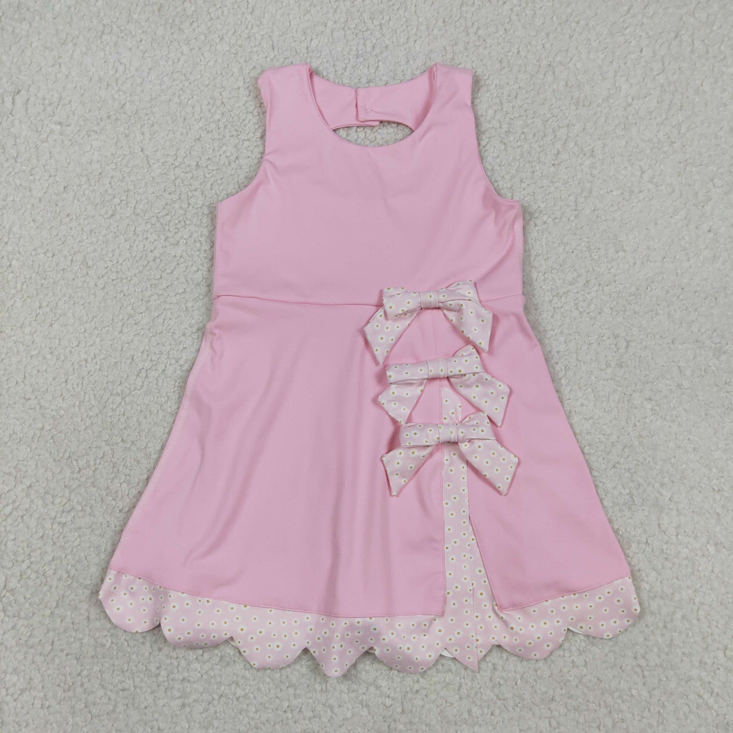 RTS NO MOQ Sibling yoga fabric Girls Sleeveless Bows Shorts Scallop Knee Length Dresses