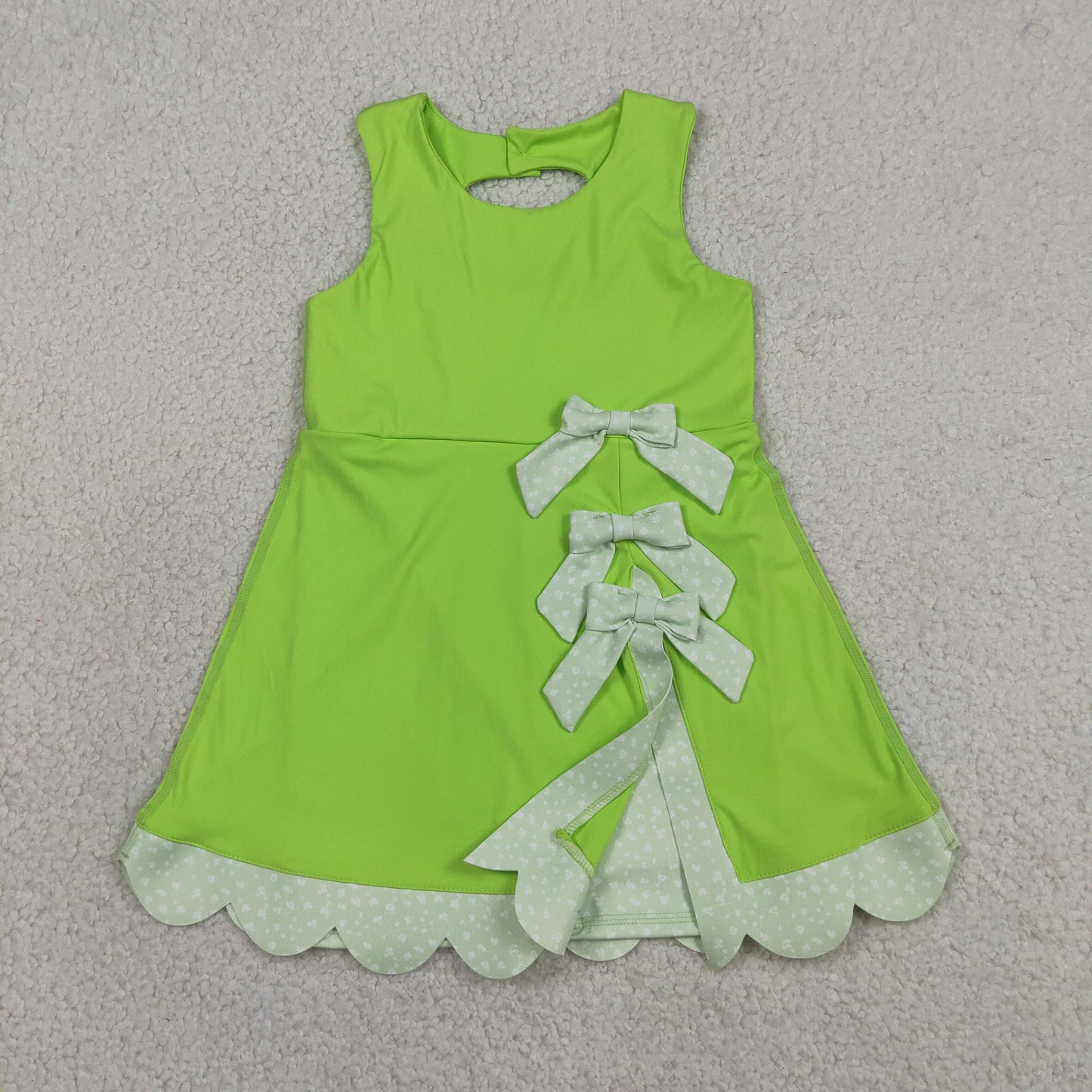 RTS NO MOQ Sibling yoga fabric Girls Sleeveless Bows Shorts Scallop Knee Length Dresses