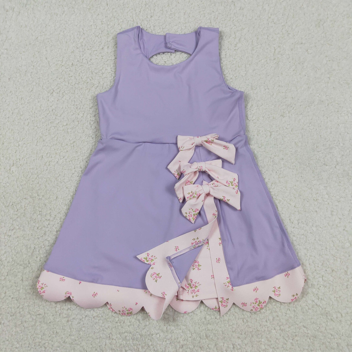 RTS NO MOQ GSD3317 Baby Girls Cute Purple Bows Yoga Scallop Knee Length Dress