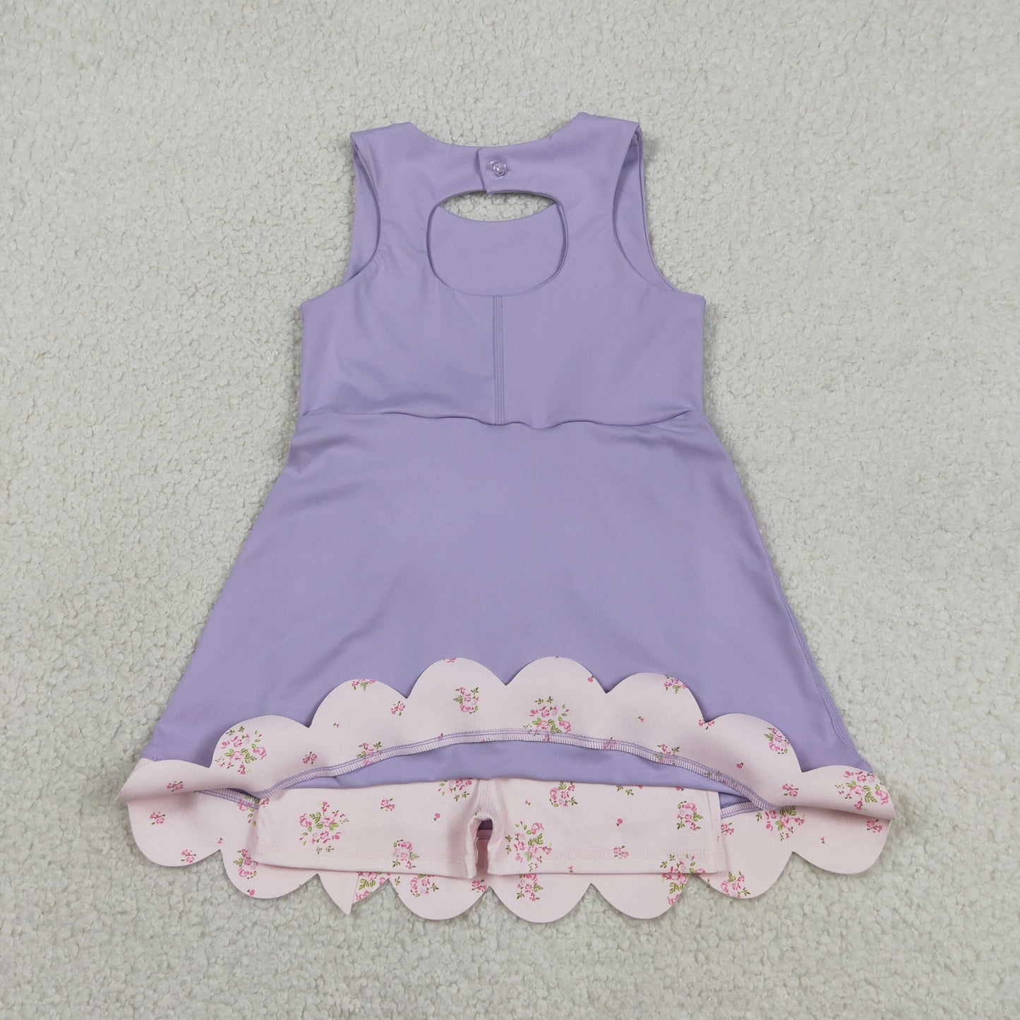 RTS NO MOQ GSD3317 Baby Girls Cute Purple Bows Yoga Scallop Knee Length Dress