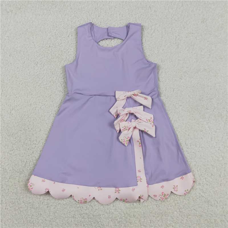 RTS NO MOQ Sibling yoga fabric Baby Girls Bow Scallop Trim Knee Length  Athletic Short Dress