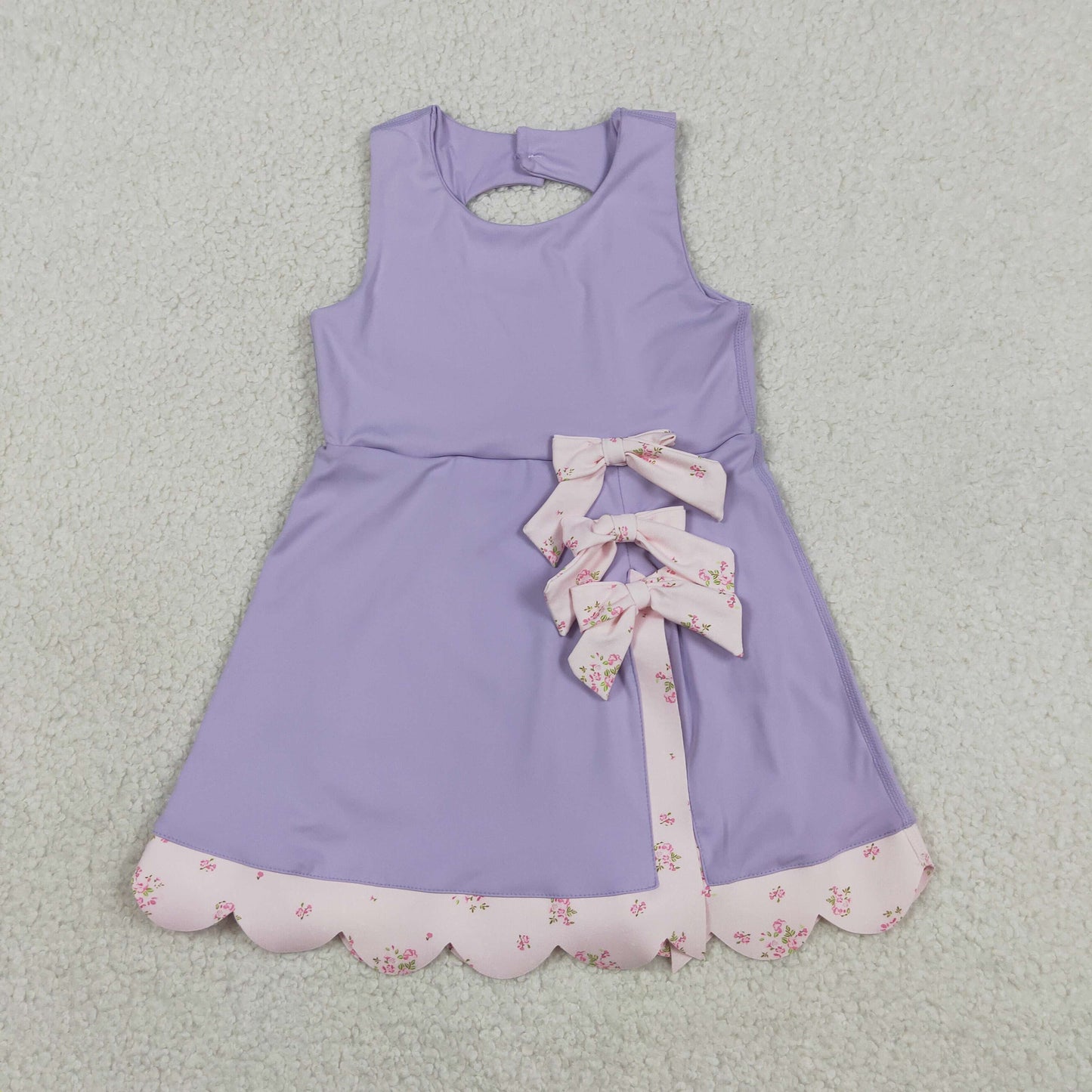 RTS NO MOQ Sibling yoga fabric Baby Girls Sleeveless Bow Scallop Trim Yoga Knee Length Dresses