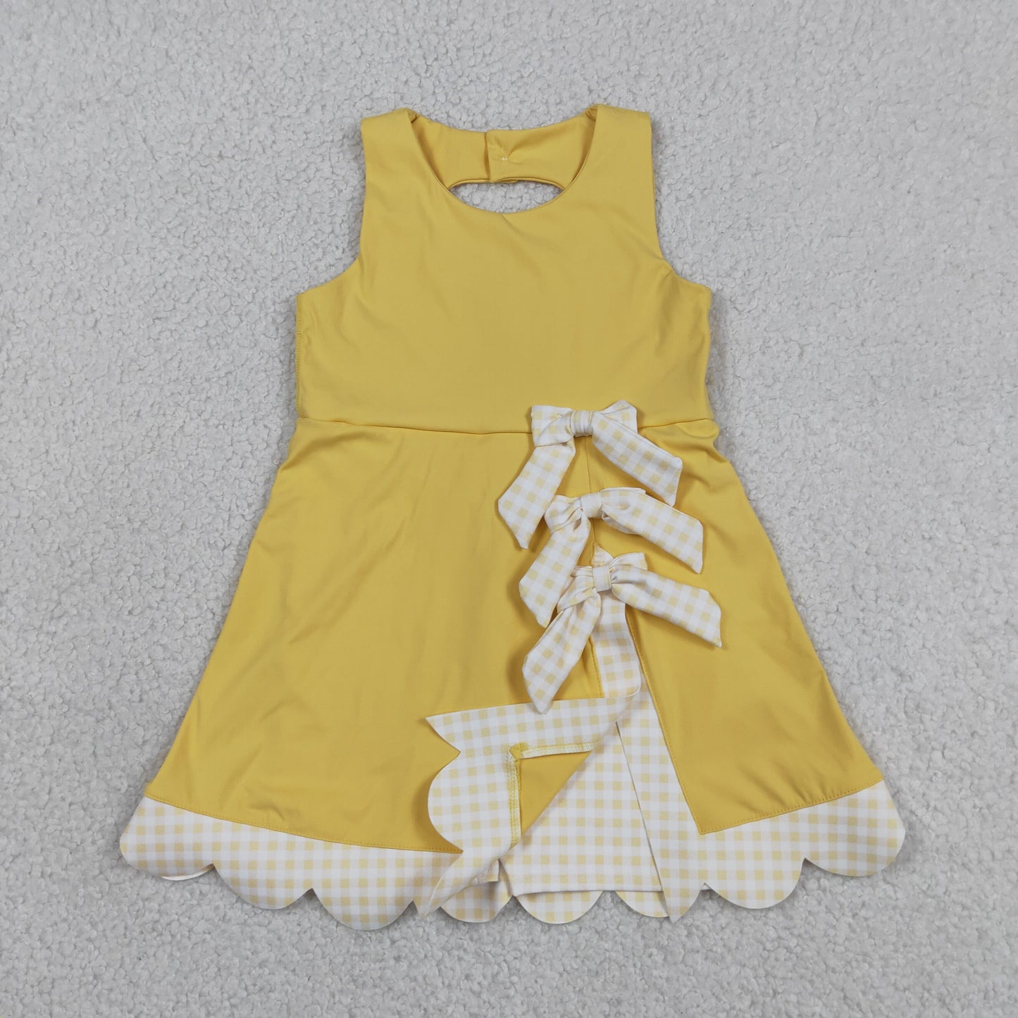 RTS NO MOQ yoga fabric GSD3318 Baby Girls Yellow Yoga Active Sleeveless Scallop Ruffle Bow Knee Dress