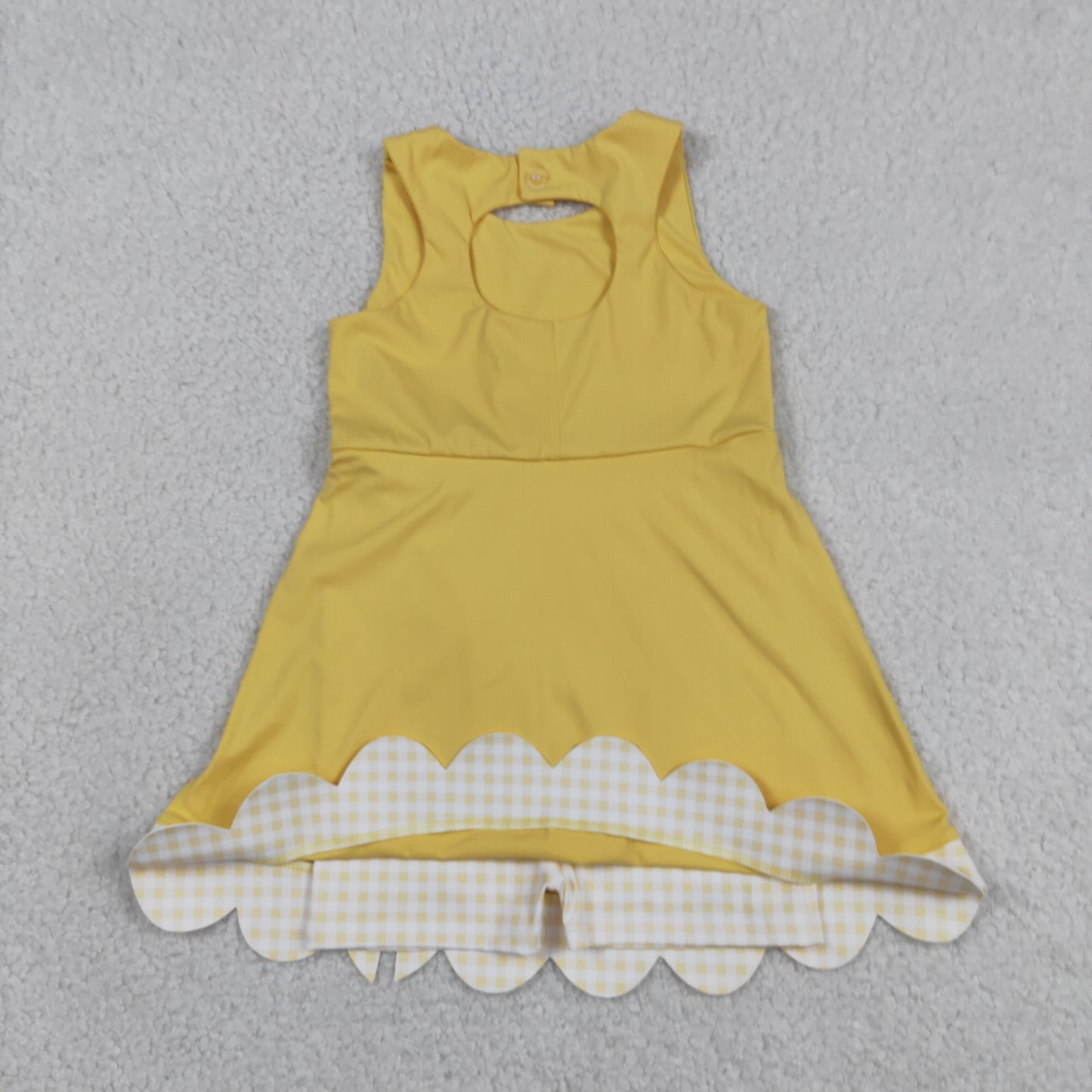 RTS NO MOQ yoga fabric GSD3318 Baby Girls Yellow Yoga Active Sleeveless Scallop Ruffle Bow Knee Dress