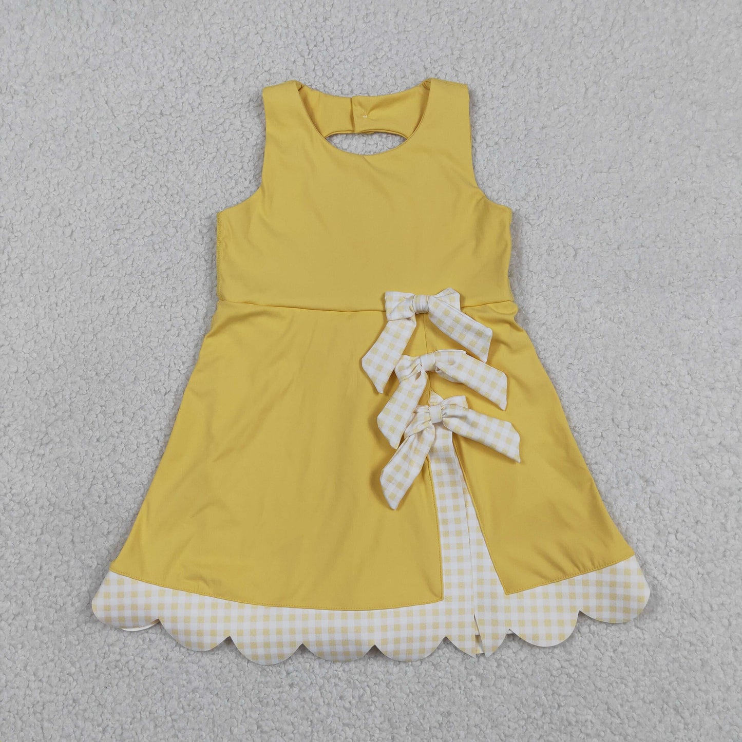 RTS NO MOQ yoga fabric GSD3318 Baby Girls Yellow Yoga Active Sleeveless Scallop Ruffle Bow Knee Dress