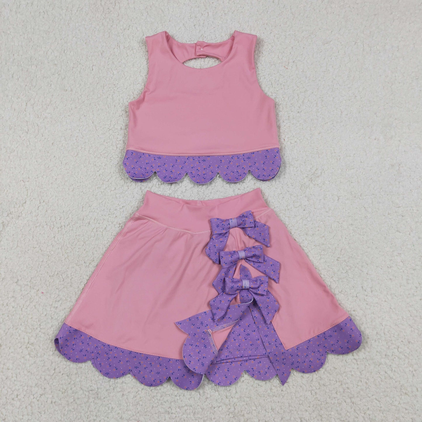 RTS NO MOQ yoga fabric GSD3319 Baby Girls Pink Purple Vest With Bows And Skort Scallop Trim Yoga Outfit