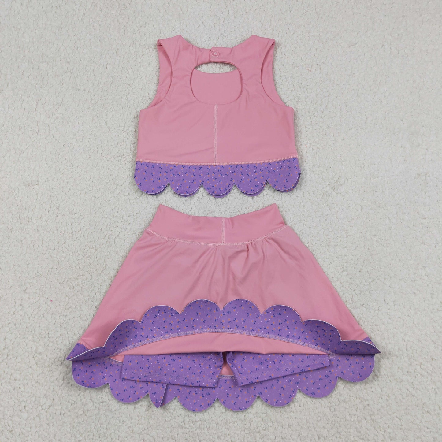 RTS NO MOQ yoga fabric GSD3319 Baby Girls Pink Purple Vest With Bows And Skort Scallop Trim Yoga Outfit