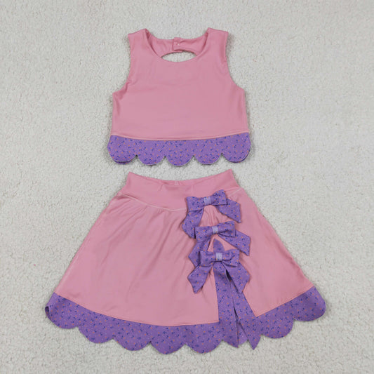 RTS NO MOQ yoga fabric GSD3319 Baby Girls Pink Purple Vest With Bows And Skort Scallop Trim Yoga Outfit