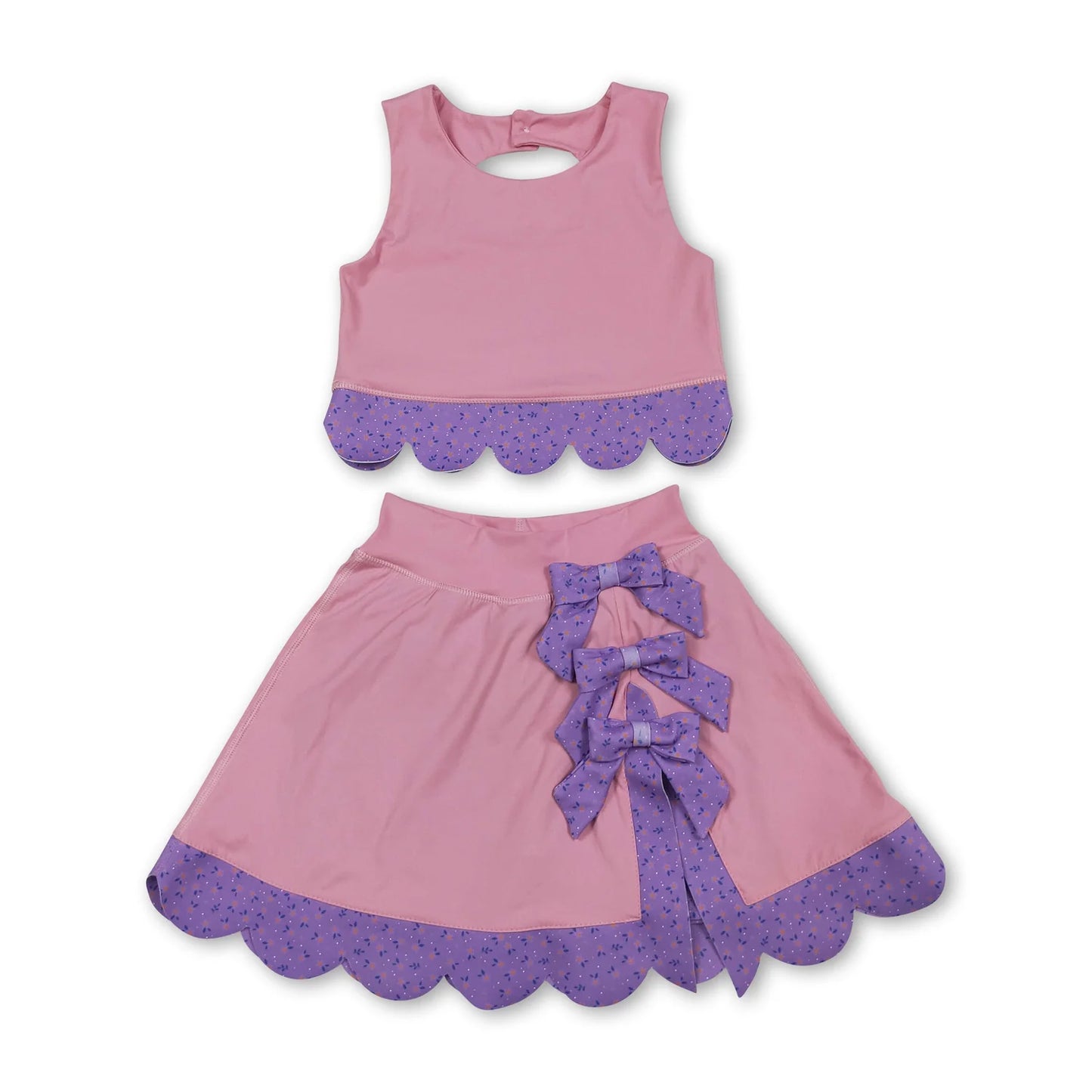 RTS NO MOQ Sibling milk silk Baby Girls Bow Scallop Vest Skort Active Wear Yoga Clothes Set