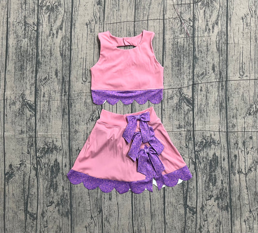 (Pre Order) No moq GSD3761 Yoga Baby Girls Pink Bow Trim Vest Skort  Casual Outdoor Clothes Sets