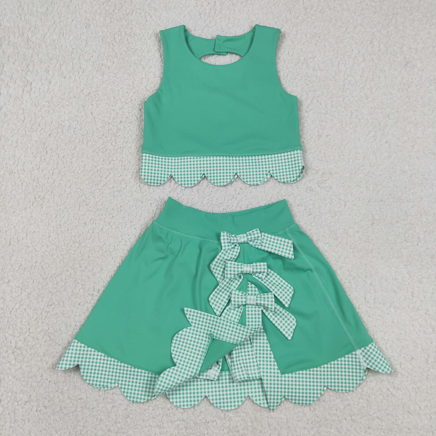 RTS NO MOQ Sibling yoga fabric Girls Green Vest Top Bows Skirt Shorts Yoga Active Scallop Sets Shorts Bows Scallop Knee Length Dresses