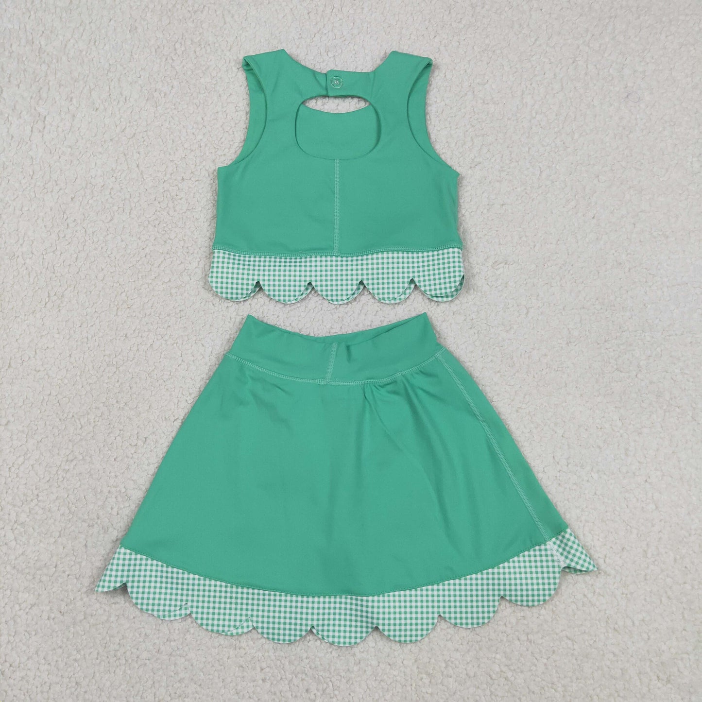 RTS NO MOQ Sibling yoga fabric Girls Green Vest Top Bows Skirt Shorts Yoga Active Scallop Sets Shorts Bows Scallop Knee Length Dresses