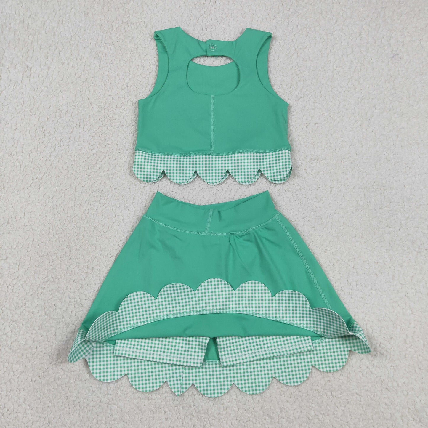 RTS NO MOQ Sibling yoga fabric Girls Green Vest Top Bows Skirt Shorts Yoga Active Scallop Sets Shorts Bows Scallop Knee Length Dresses