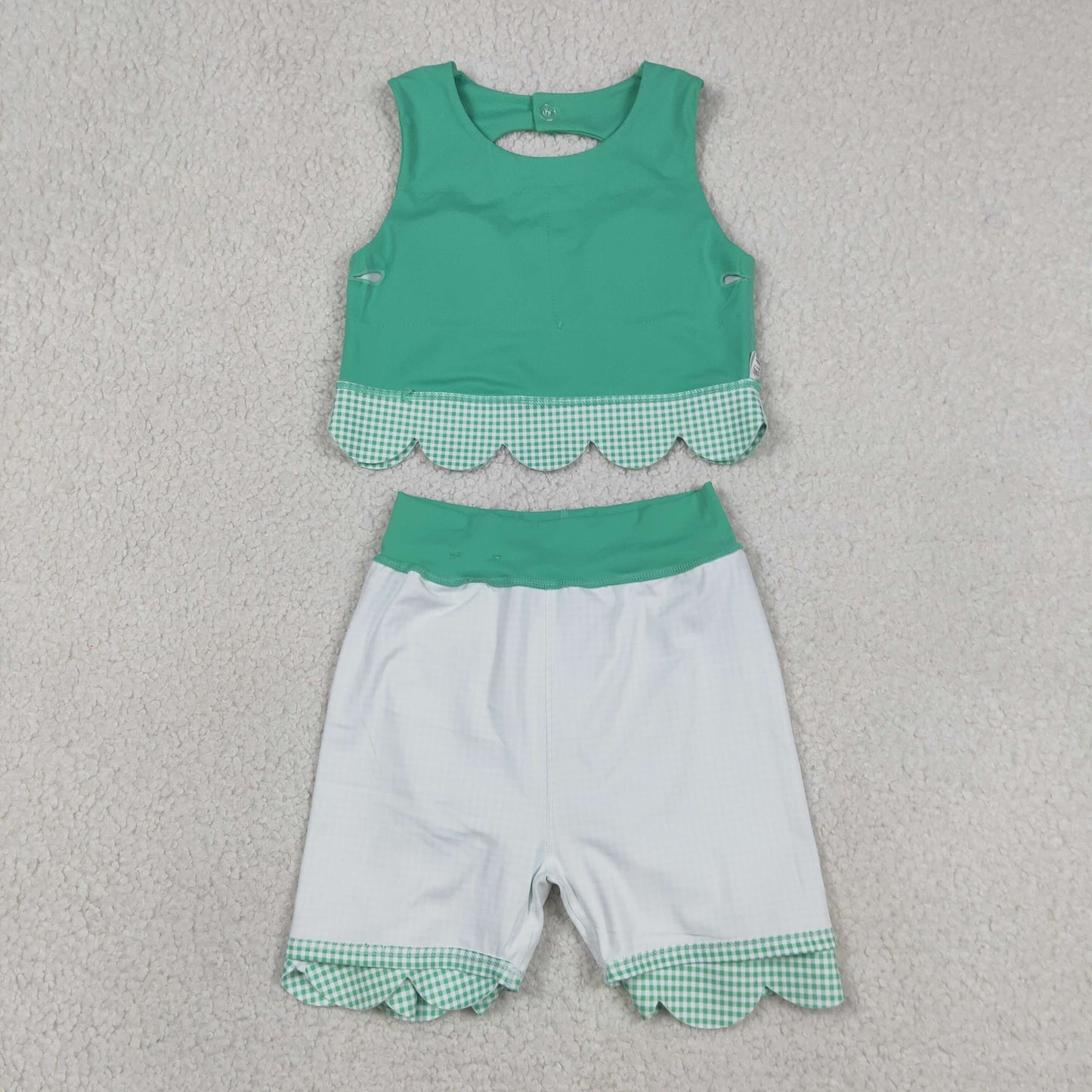 RTS NO MOQ Sibling yoga fabric Girls Green Vest Top Bows Skirt Shorts Yoga Active Scallop Sets Shorts Bows Scallop Knee Length Dresses