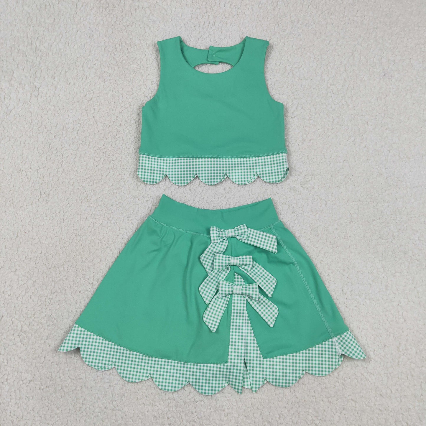RTS NO MOQ yoga fabric GSD3320 Baby  Girls Green Vest Bows Scallop Yoga Active Two Piece Sets