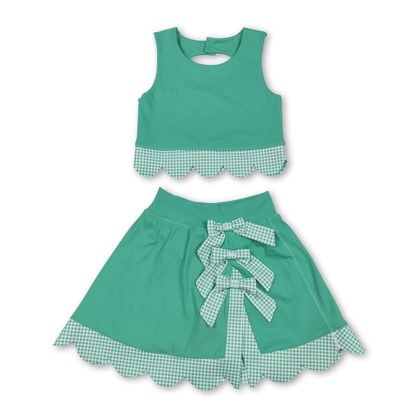 RTS NO MOQ Sibling milk silk Baby Girls Bow Scallop Vest Skort Active Wear Yoga Clothes Set