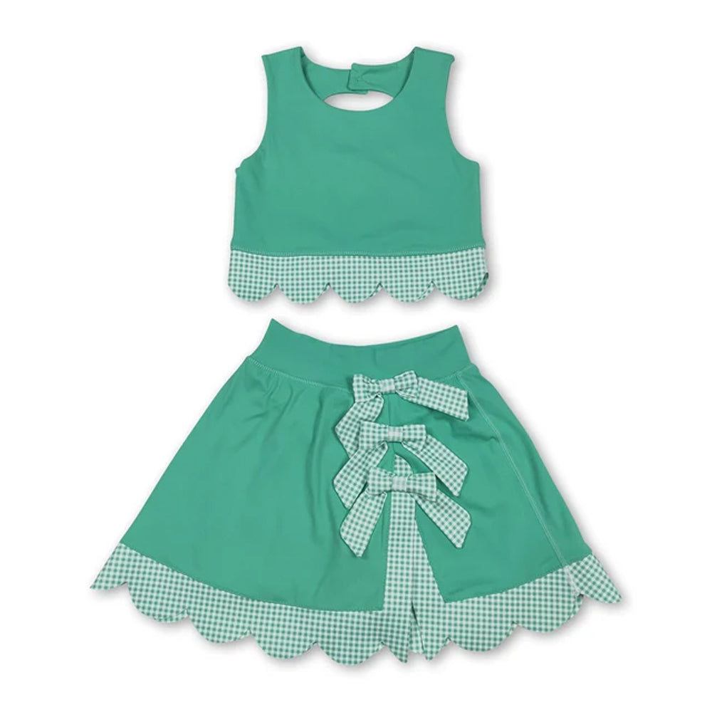 RTS NO MOQ Sibling yoga fabric Baby Girls Vest Top With Bows Matching Scallop Skort Two Piece Yoga Active Clothes Set