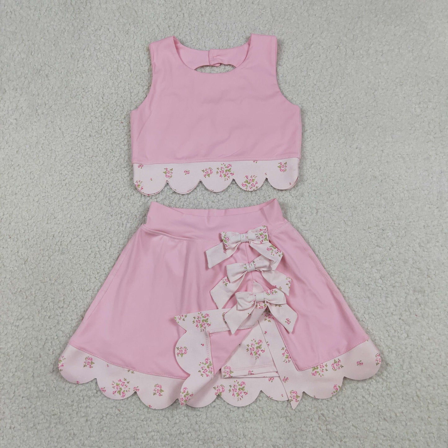 RTS NO MOQ yoga fabric GSD3321 Baby Girls Light Pink Floral Vest Bow Scallop Skort Active Set