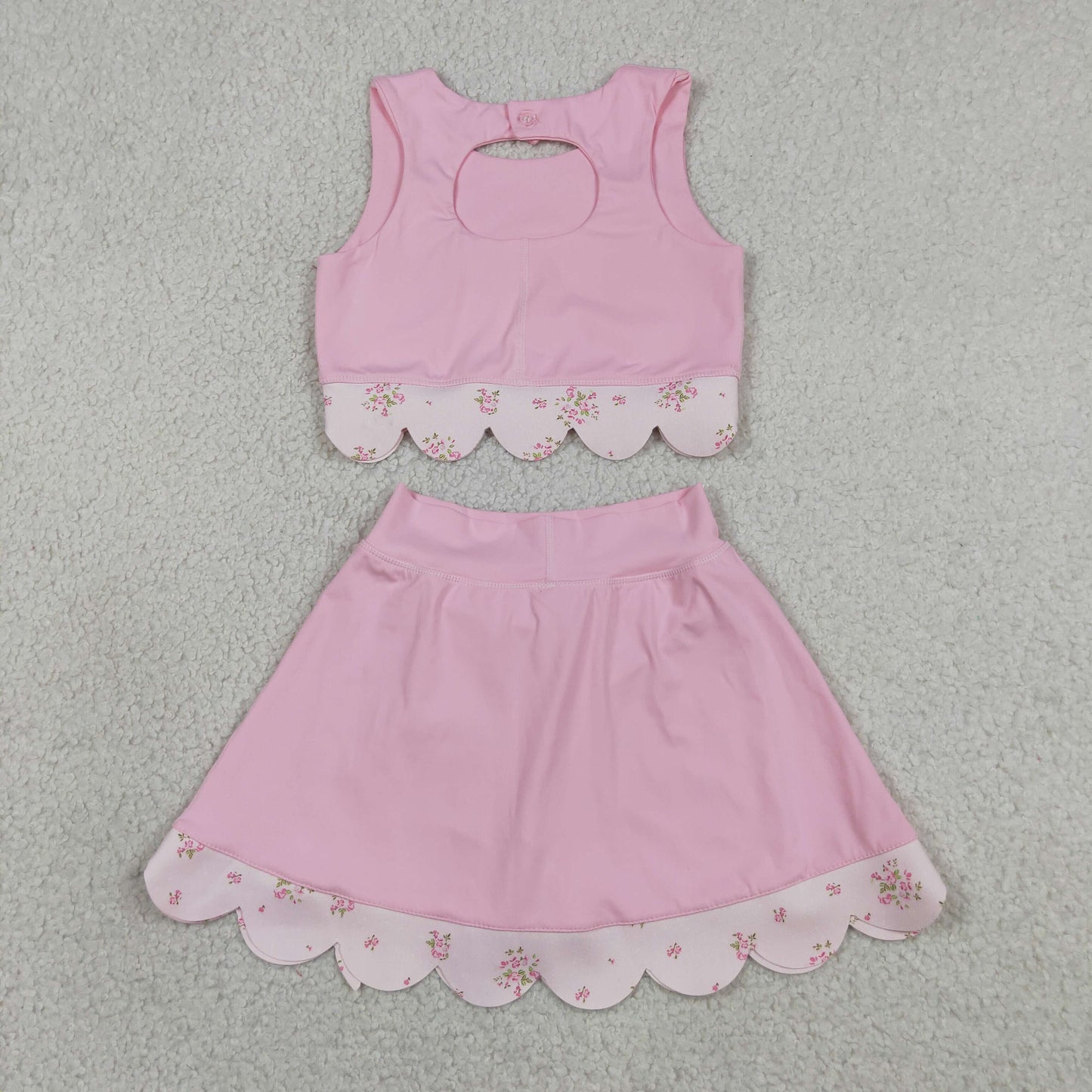 RTS NO MOQ yoga fabric GSD3321 Baby Girls Light Pink Floral Vest Bow Scallop Skort Active Set