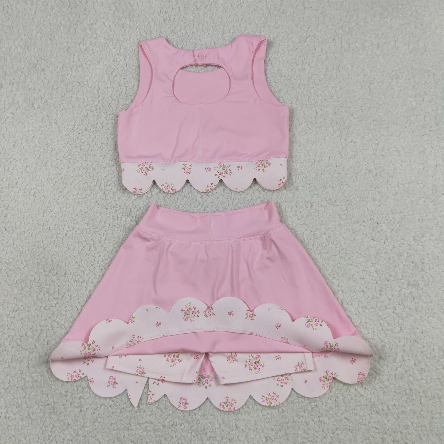 RTS NO MOQ yoga fabric GSD3321 Baby Girls Light Pink Floral Vest Bow Scallop Skort Active Set