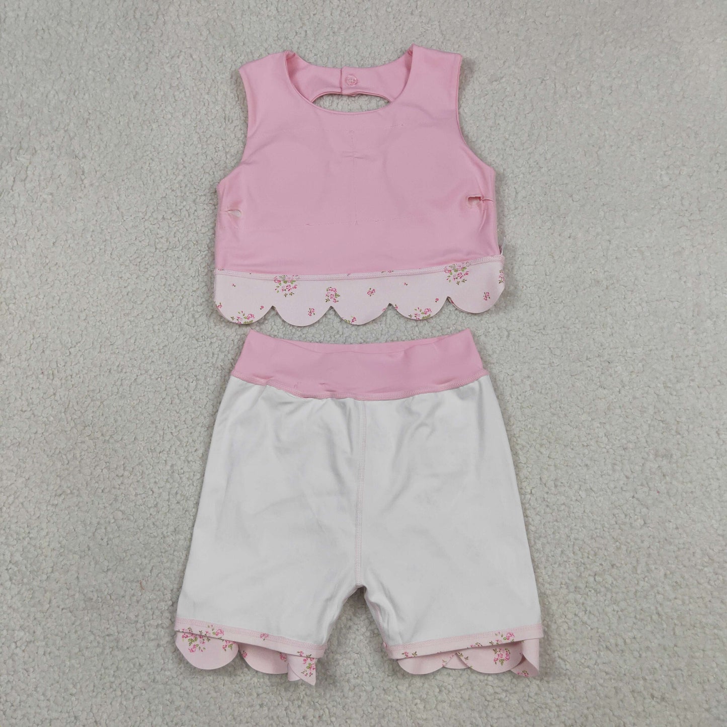 RTS NO MOQ yoga fabric GSD3321 Baby Girls Light Pink Floral Vest Bow Scallop Skort Active Set