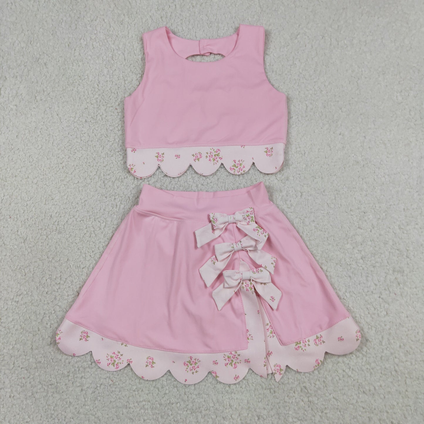 RTS NO MOQ yoga fabric GSD3321 Baby Girls Light Pink Floral Vest Bow Scallop Skort Active Set