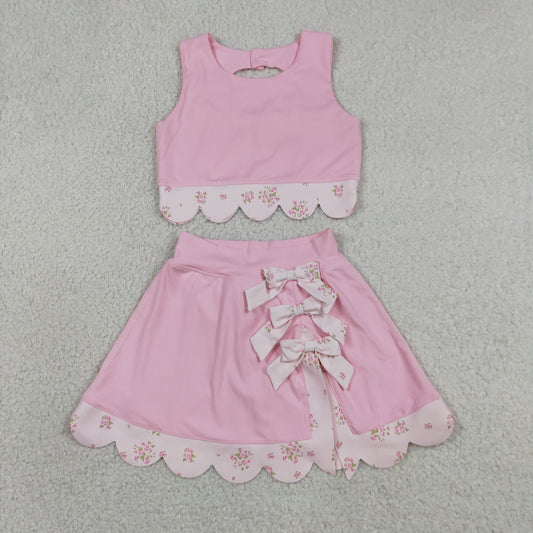 RTS NO MOQ yoga fabric GSD3321 Baby Girls Light Pink Floral Vest Bow Scallop Skort Active Set