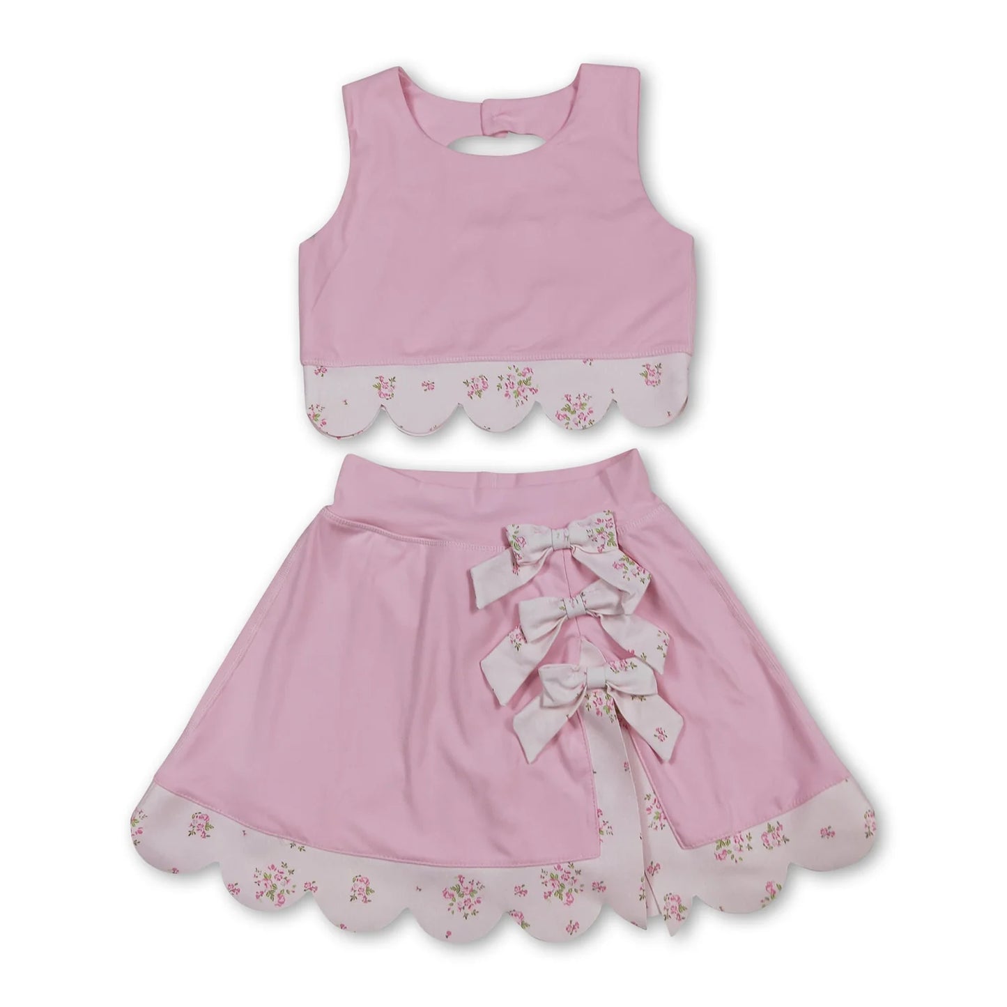RTS NO MOQ Sibling milk silk Baby Girls Bow Scallop Vest Skort Active Wear Yoga Clothes Set