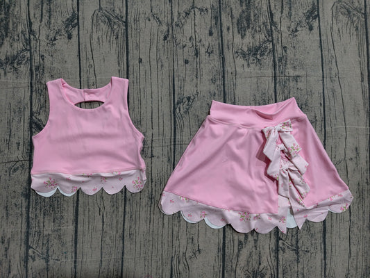 (Pre Order) No moq GSD3321 Yoga Baby Girls Cute Light Pink Sleeveless Vest Skort Bow Decor Two Piece Yoga Outfit