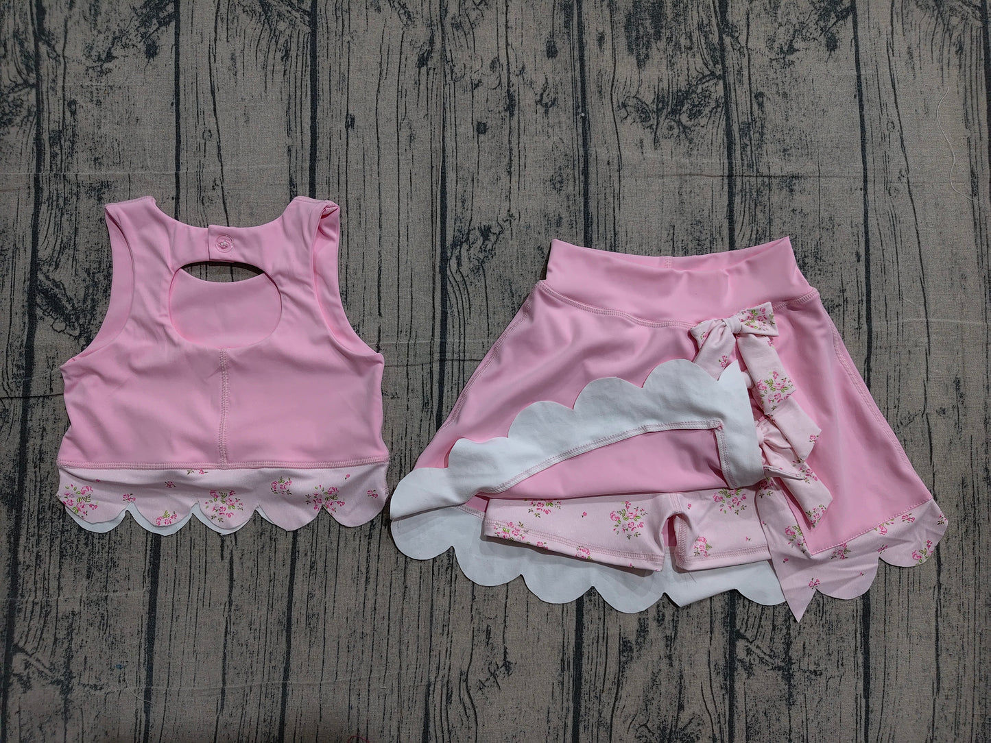 (Pre Order) No moq GSD3321 Yoga Baby Girls Cute Light Pink Sleeveless Vest Skort Bow Decor Two Piece Yoga Outfit