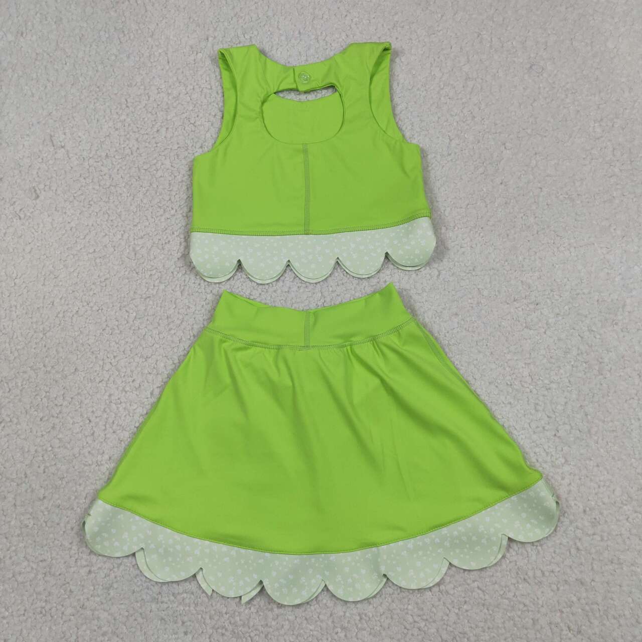 RTS NO MOQ yoga fabric GSD3322 Baby Girls Cute Bow Green Elastic Waist Scallop Edge Active Suit