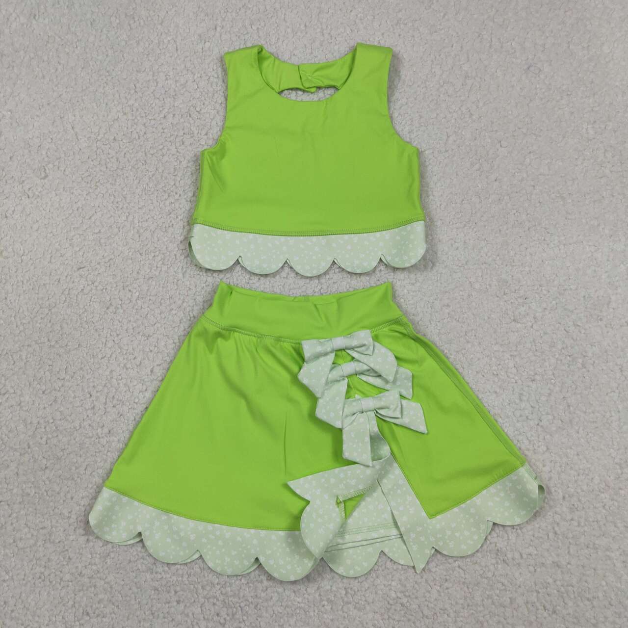 RTS NO MOQ yoga fabric GSD3322 Baby Girls Cute Bow Green Elastic Waist Scallop Edge Active Suit