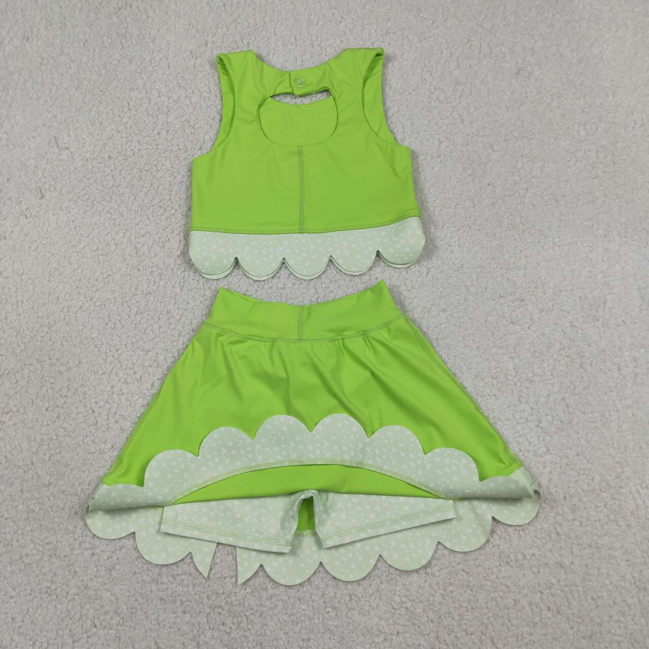RTS NO MOQ yoga fabric GSD3322 Baby Girls Cute Bow Green Elastic Waist Scallop Edge Active Suit