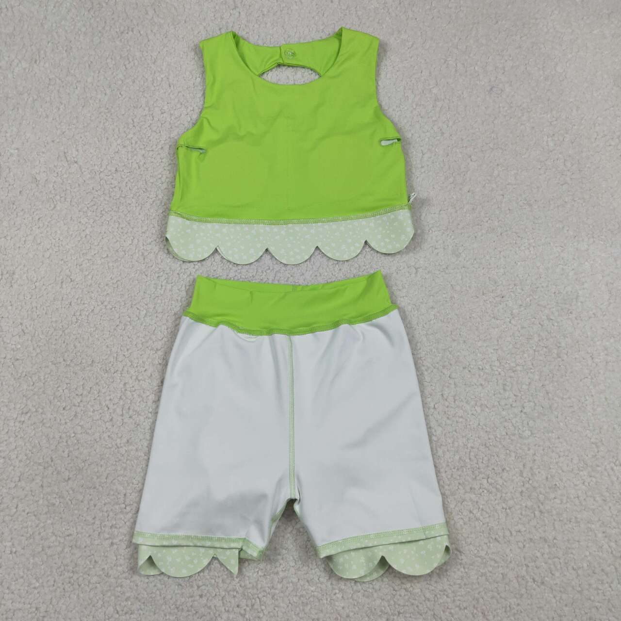 RTS NO MOQ yoga fabric GSD3322 Baby Girls Cute Bow Green Elastic Waist Scallop Edge Active Suit