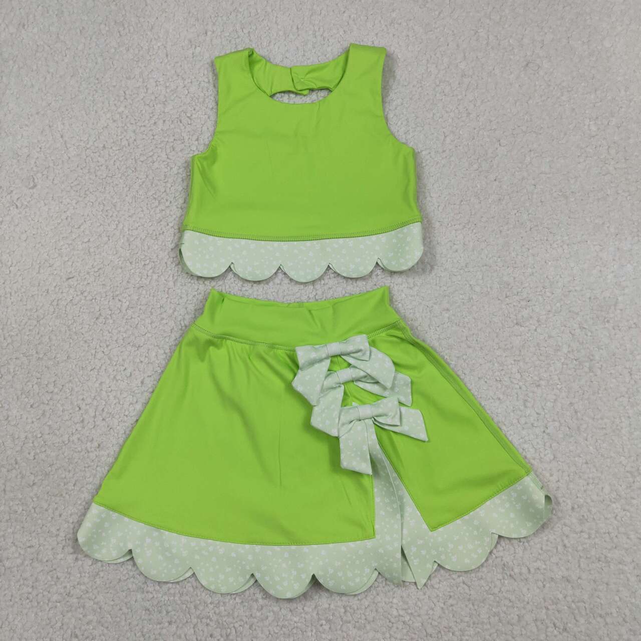 RTS NO MOQ yoga fabric GSD3322 Baby Girls Cute Bow Green Elastic Waist Scallop Edge Active Suit