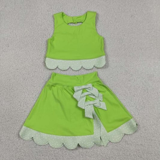 RTS NO MOQ yoga fabric GSD3322 Baby Girls Cute Bow Green Elastic Waist Scallop Edge Active Suit