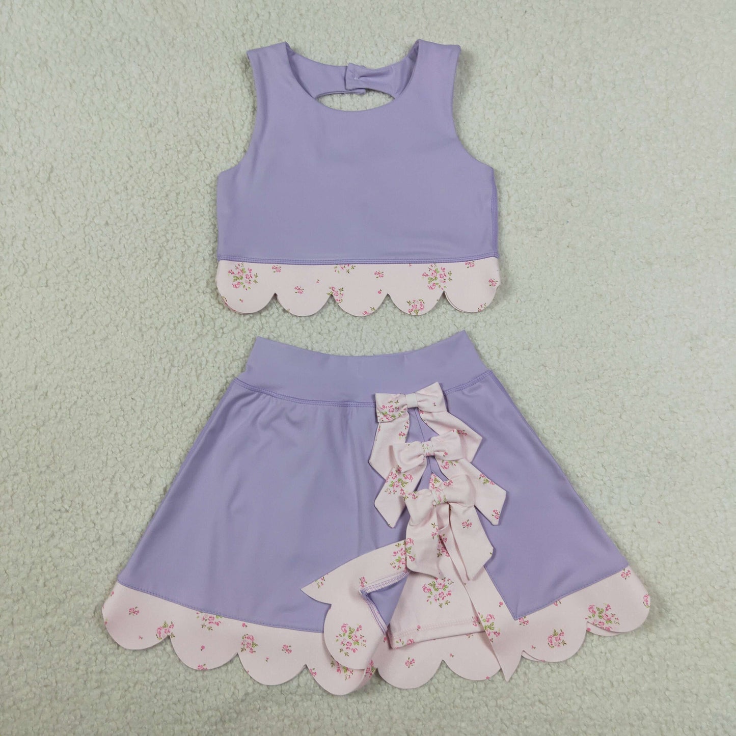RTS NO MOQ yoga fabric GSD3323 Baby Girls Lavender Sleeveless Bow Vest Elastic Waist Scallop Skort Daily Active Outfits