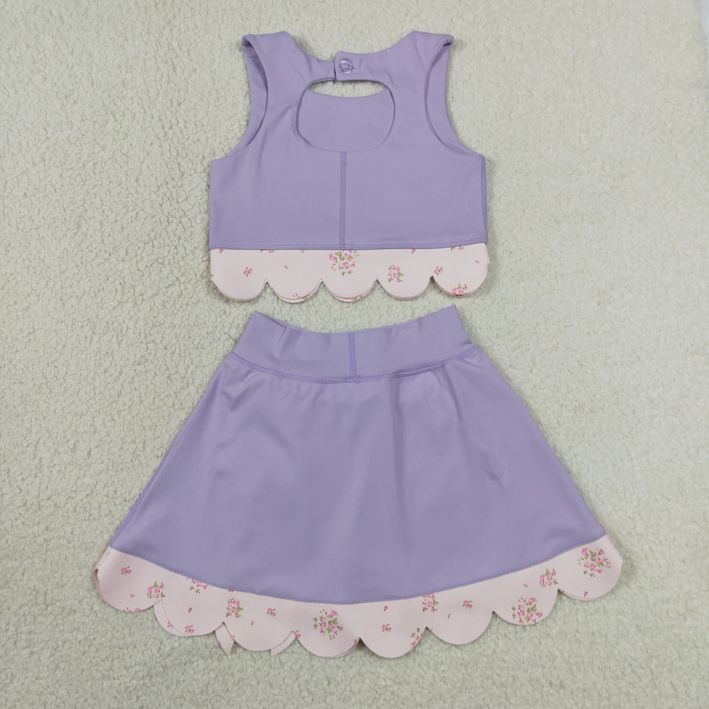 RTS NO MOQ yoga fabric GSD3323 Baby Girls Lavender Sleeveless Bow Vest Elastic Waist Scallop Skort Daily Active Outfits