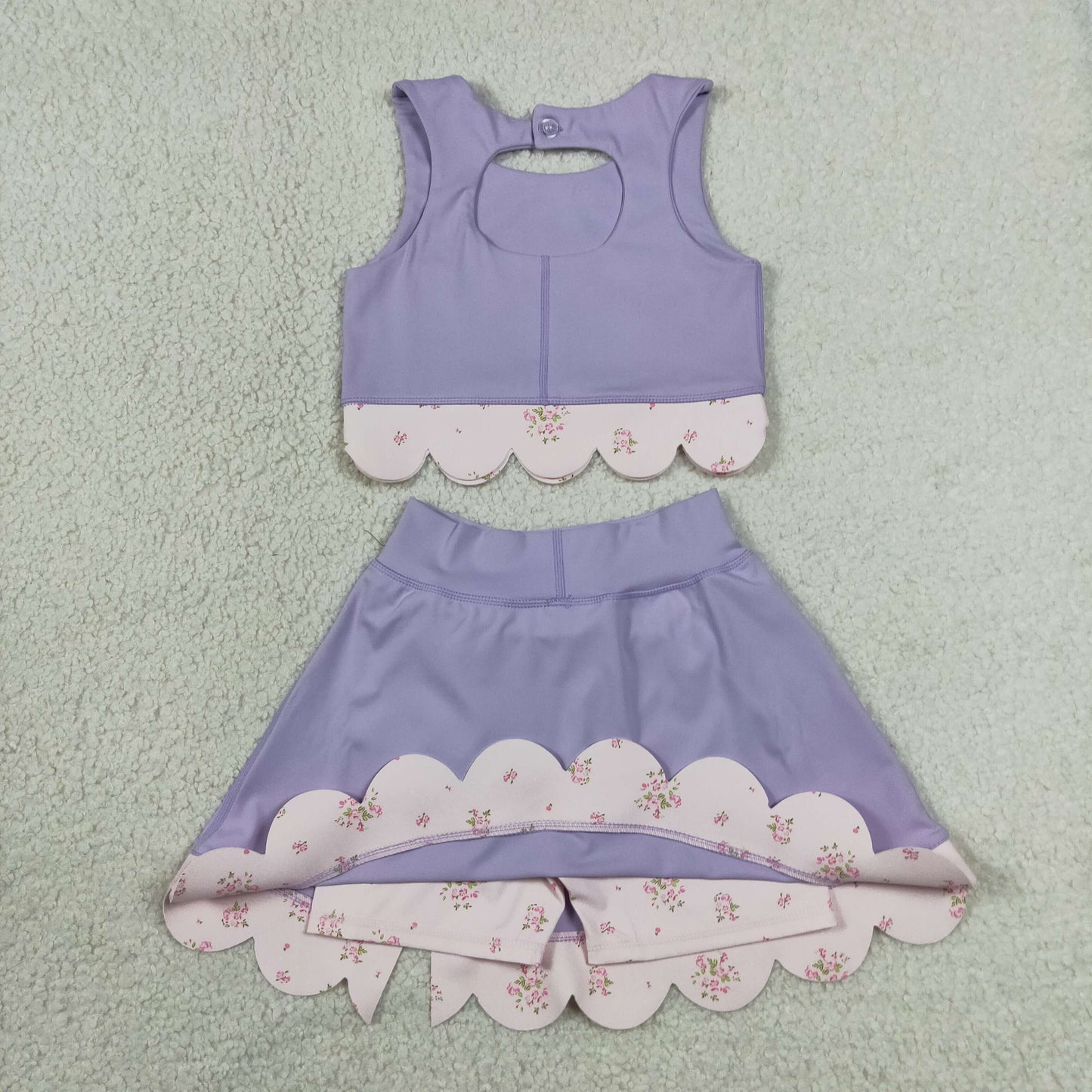 RTS NO MOQ yoga fabric GSD3323 Baby Girls Lavender Sleeveless Bow Vest Elastic Waist Scallop Skort Daily Active Outfits