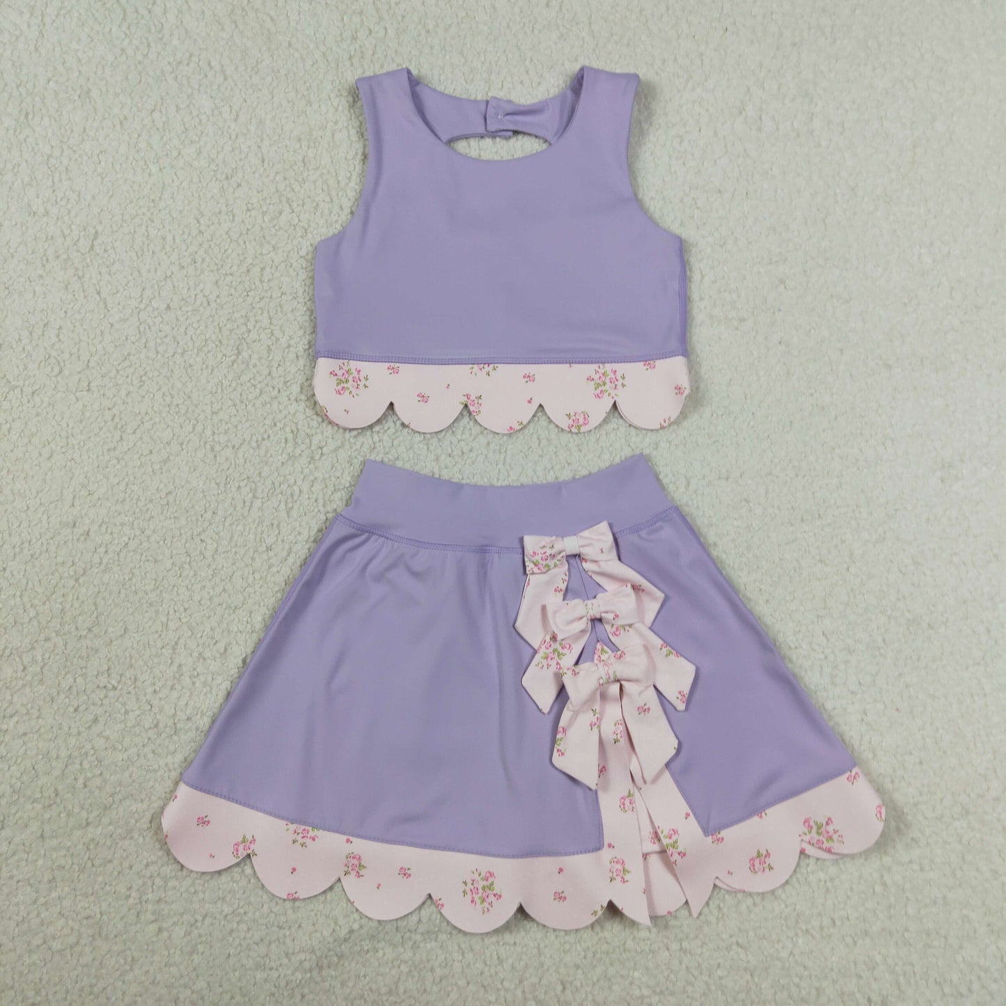 RTS NO MOQ yoga fabric GSD3323 Baby Girls Lavender Sleeveless Bow Vest Elastic Waist Scallop Skort Daily Active Outfits