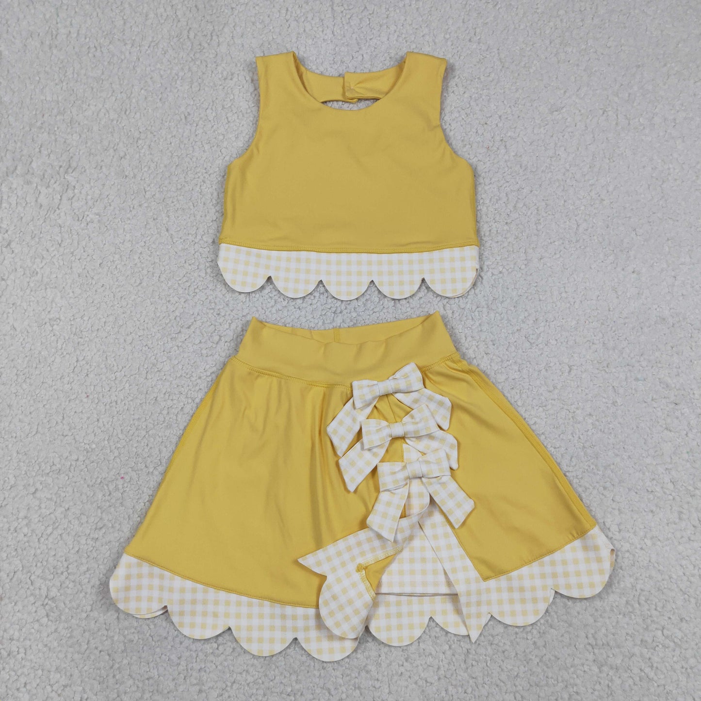 RTS NO MOQ yoga fabric GSD3324 Baby Girls Yellow Sleeveless Vest Top With Bows Skirt Shorts Yoga Clothes Set