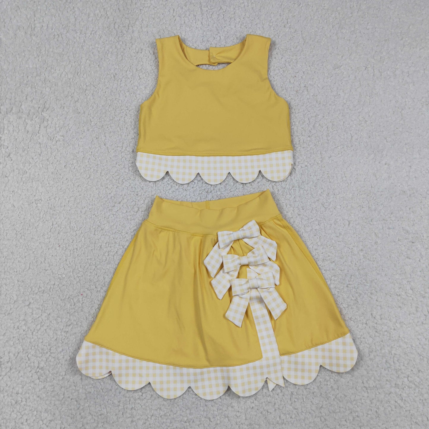 RTS NO MOQ yoga fabric GSD3324 Baby Girls Yellow Sleeveless Vest Top With Bows Skirt Shorts Yoga Clothes Set