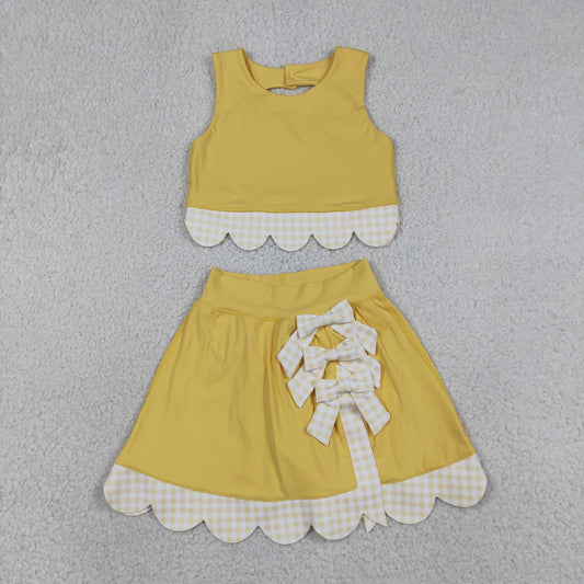 RTS NO MOQ yoga fabric GSD3324 Baby Girls Yellow Sleeveless Vest Top With Bows Skirt Shorts Yoga Clothes Set