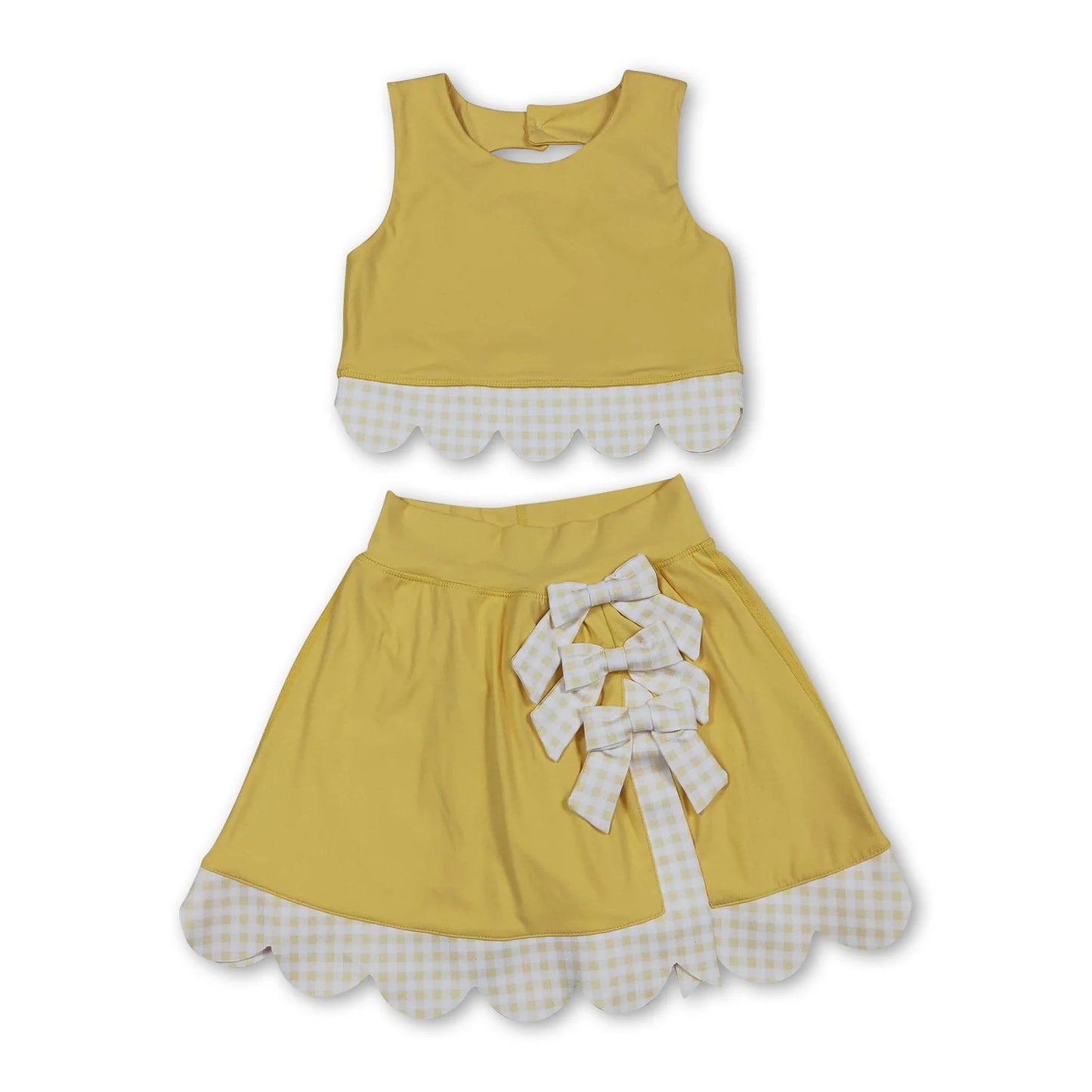 RTS NO MOQ Sibling milk silk Baby Girls Bow Scallop Vest Skort Active Wear Yoga Clothes Set