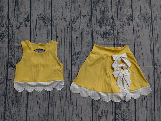 (Pre Order) No moq GSD3324 Yoga Baby Girls Cute Yellow Sleeveless Vest Skort Bow Two Piece Yoga Outfit