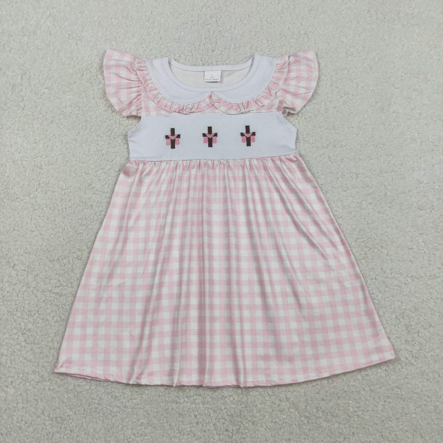 RTS NO MOQ GSD3382 Baby Girls Pink Checked Knee-Length Dress with Easter Collar Embroidery Crosses