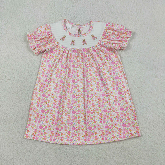 RTS NO MOQ GSD3406 Baby Girls Pink Flowers Easter Dress Smocked Bows Rabbits Knee Length Dress for Spring Summer