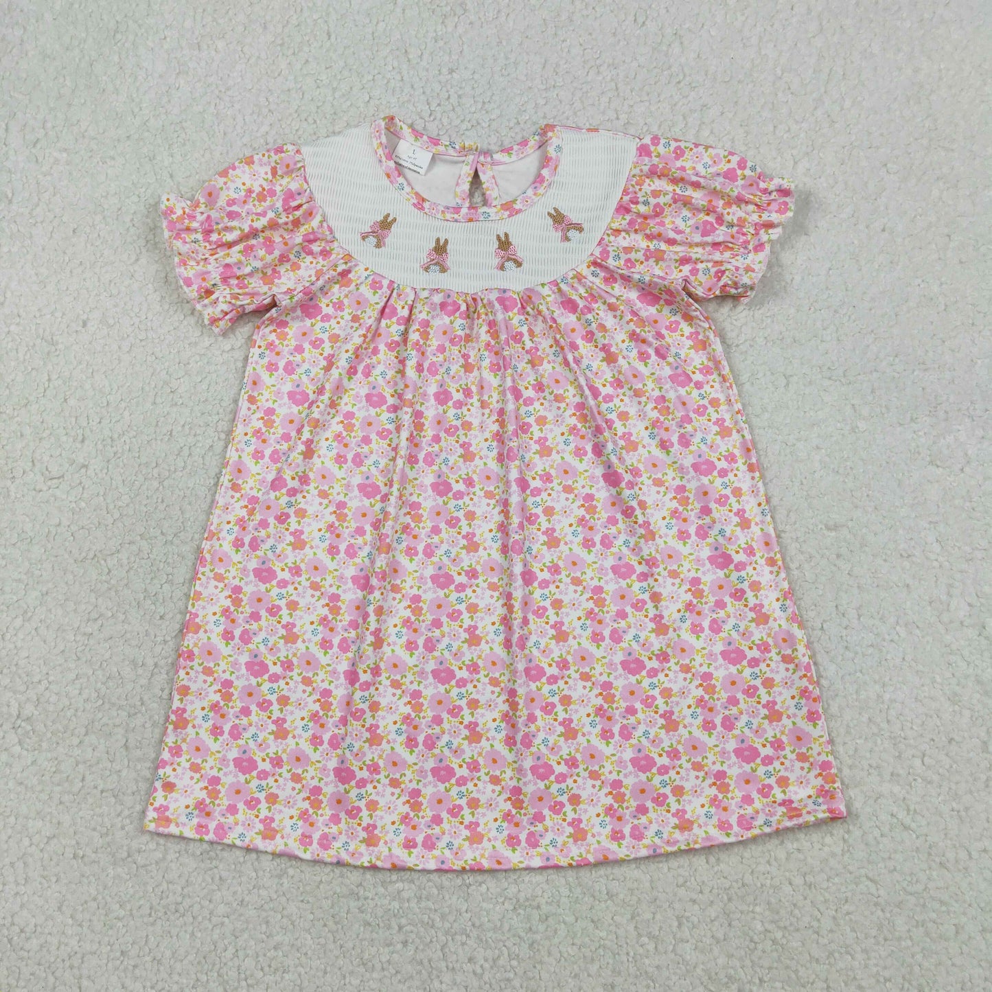 RTS NO MOQ Sibling Baby Girls Pink Flowers Smocked Bows Rabbits Easter Knee Length Dress Rompers