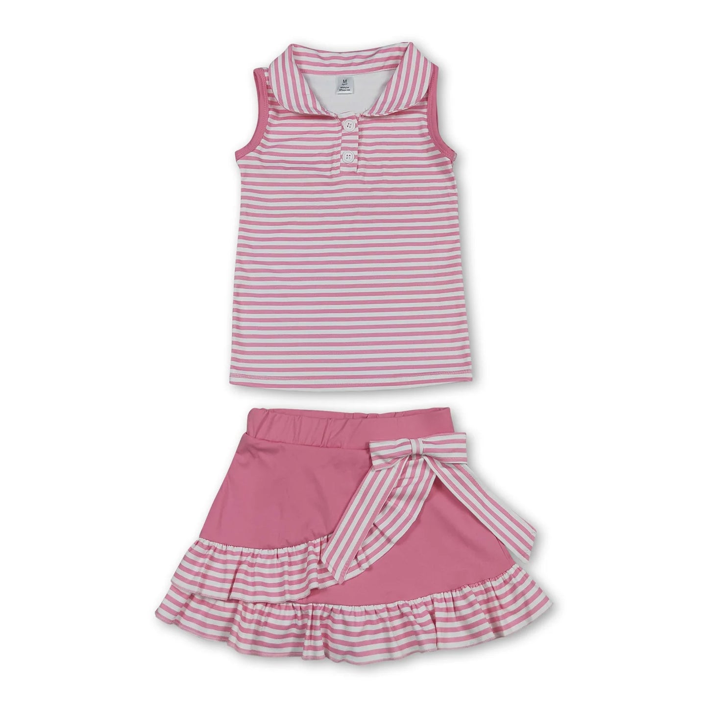 RTS NO MOQ Sibling yoga fabric Baby Girls Cute Stripe Button Vest Ruffle Short Skirt Yoga Active Set