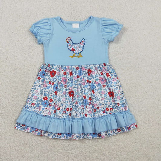 RTS NO MOQ GSD3418 Floral Chick Embroidery Baby Girls Dress Farm Ruffle Knee-Length Skirt for Kids